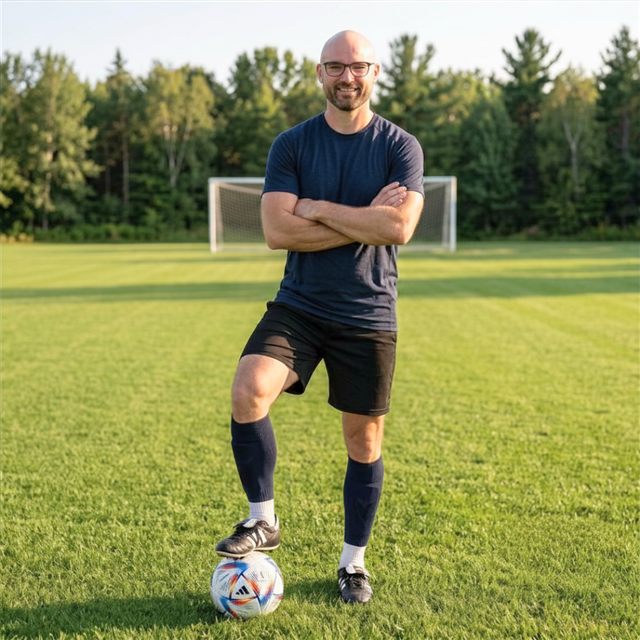 Joel standing on a soccer pitch with a ball at his feet