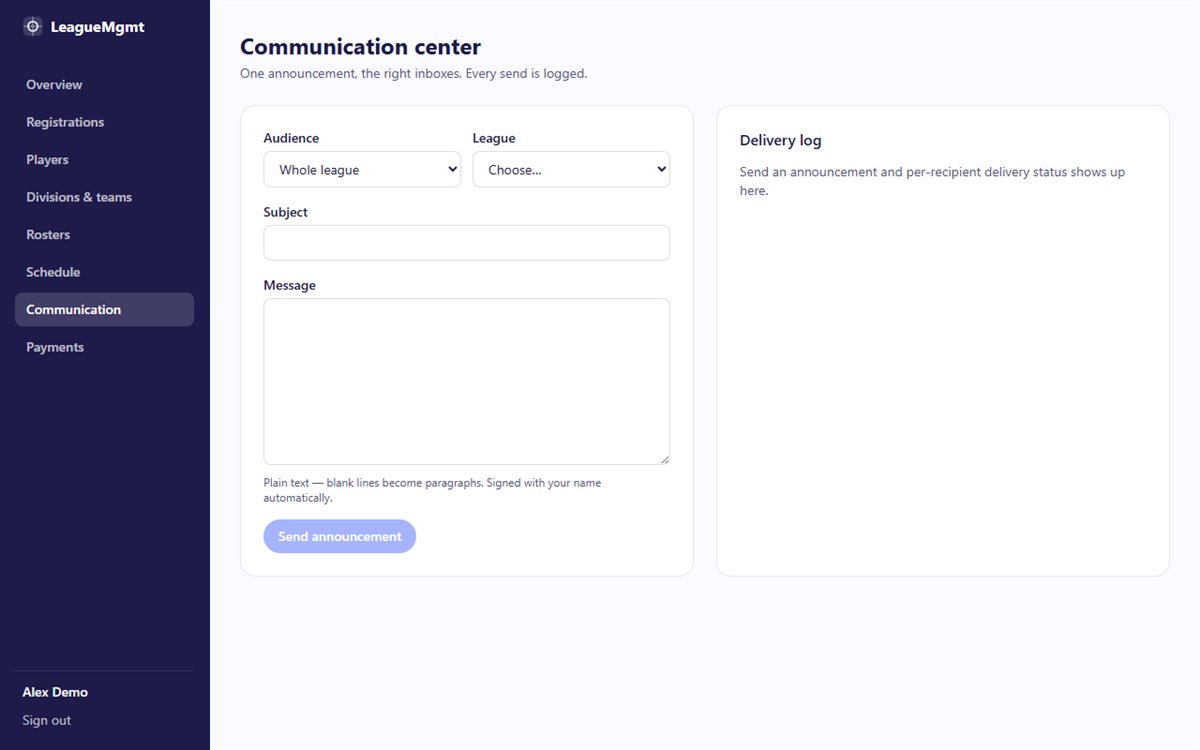Communication center composing an announcement to one division