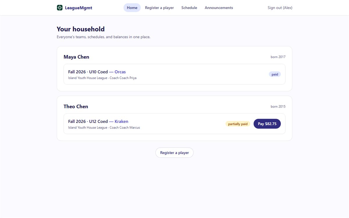 Parent portal showing a household with two kids, their teams, schedules, and balances