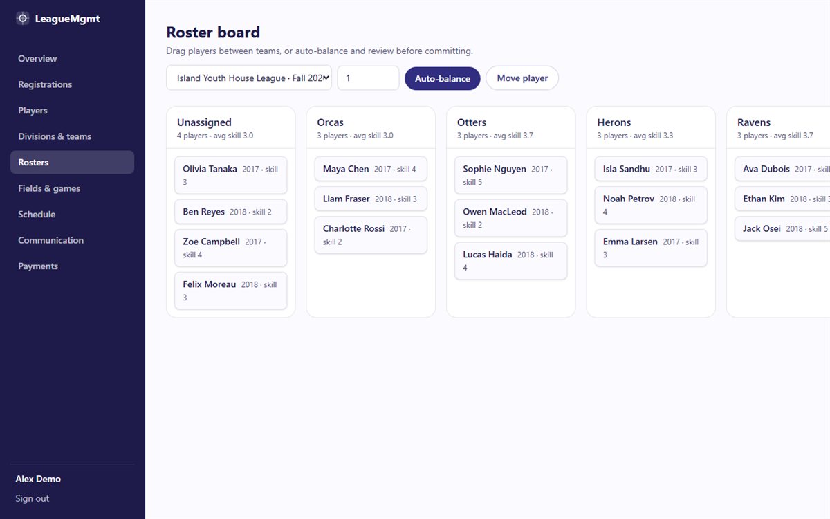 Drag-and-drop roster board with an auto-balance preview