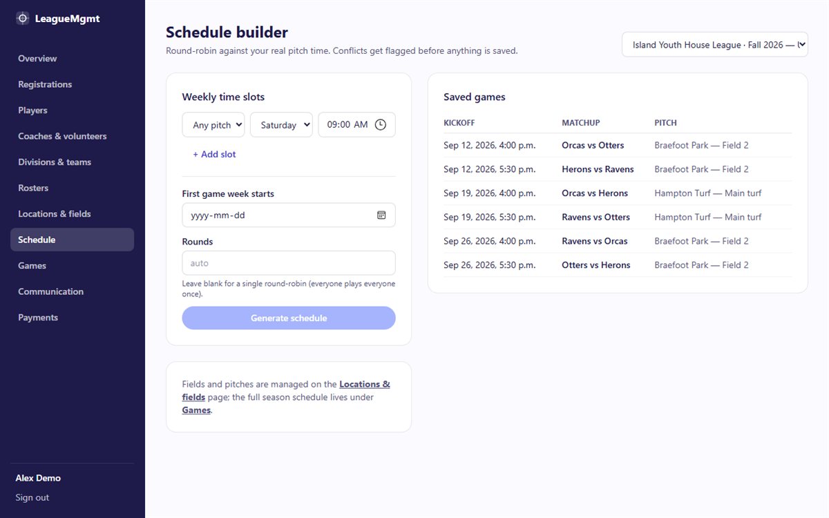 Season schedule builder with conflict warnings